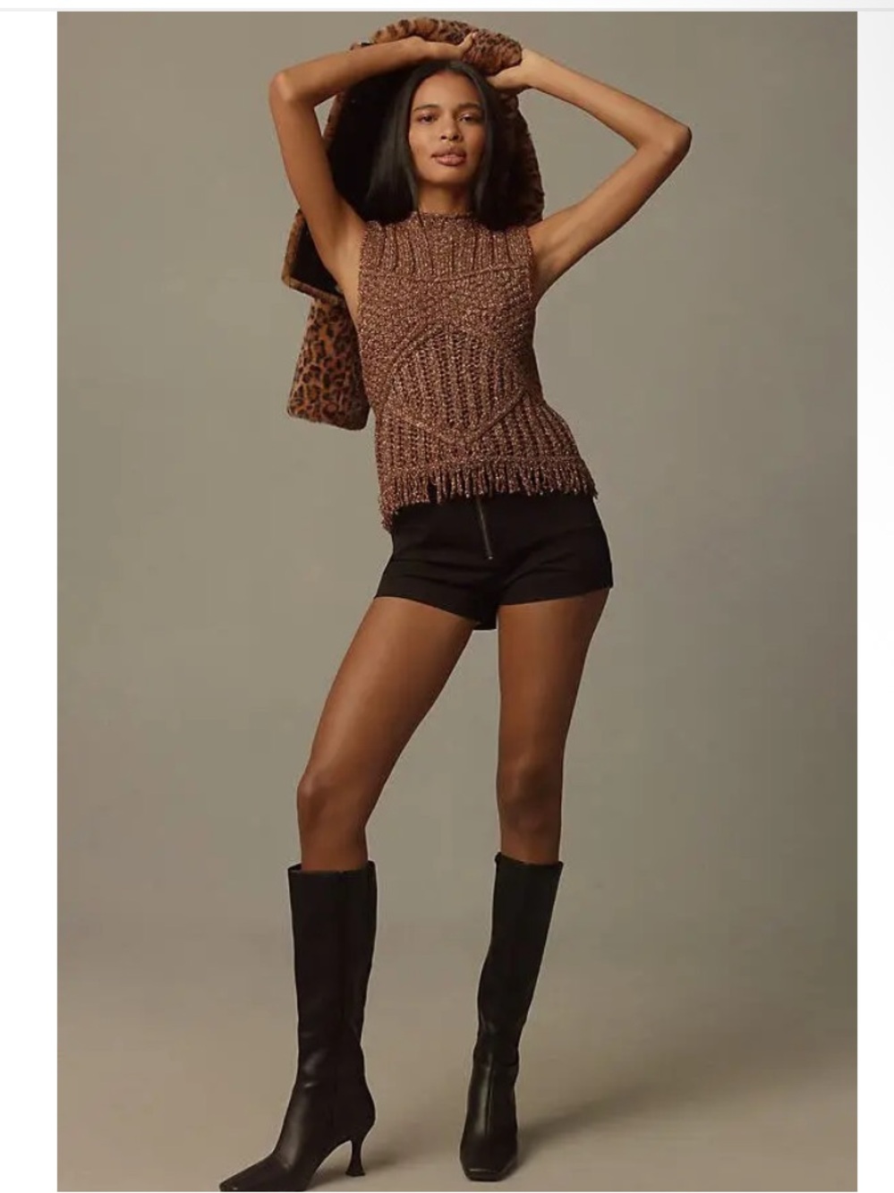Pilcro Metallic Fringe Sleeveless Sweater Brown Size Medium